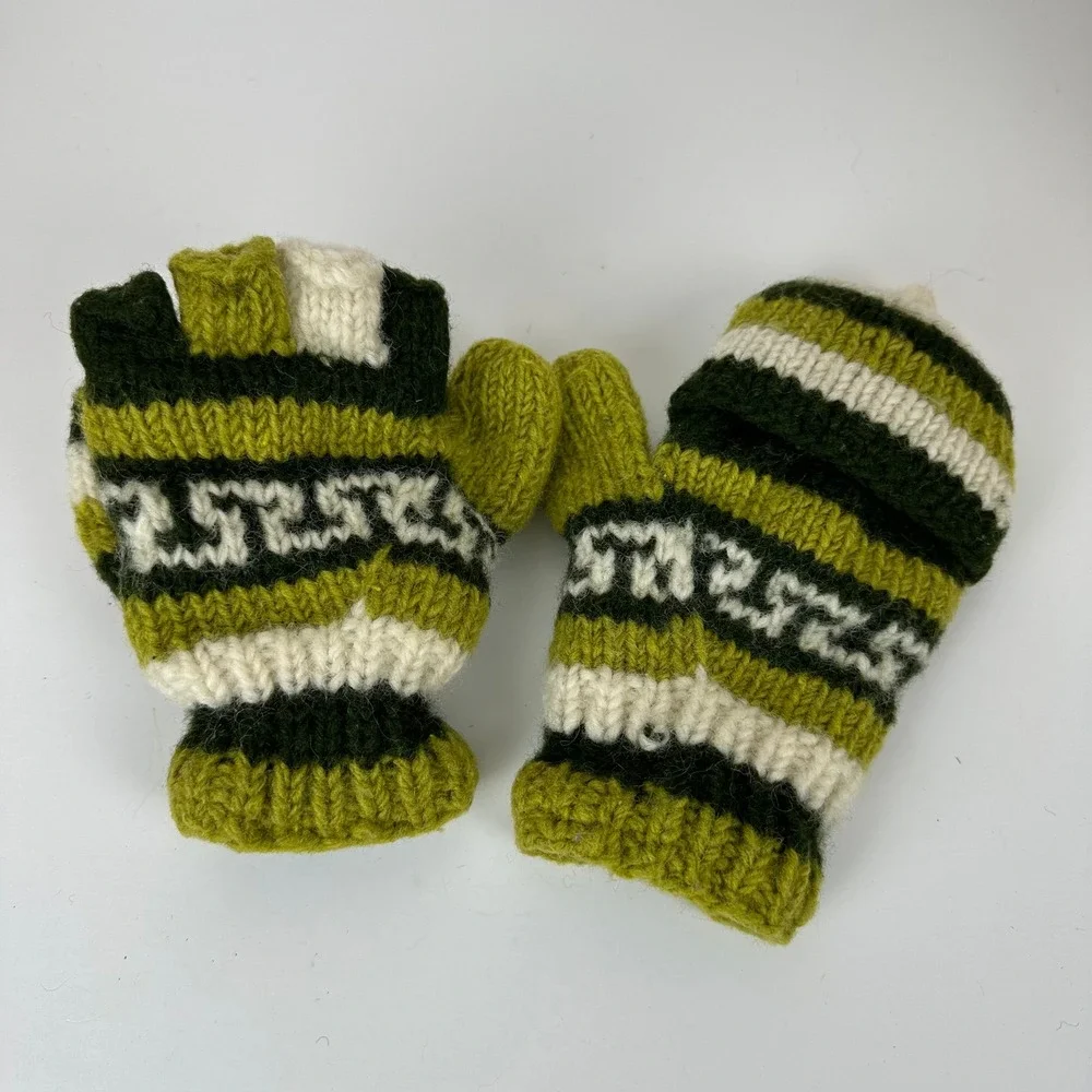Handmade Wool Convertible Mitten Fingerless Gloves Green Striped Fleece Lined Sm